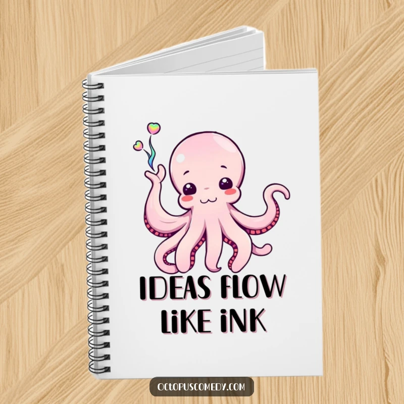Funny Octopus Notebook featuring a cephalopod enthusiastically waving a stream of iridescent ink, ideal for capturing creative thoughts.