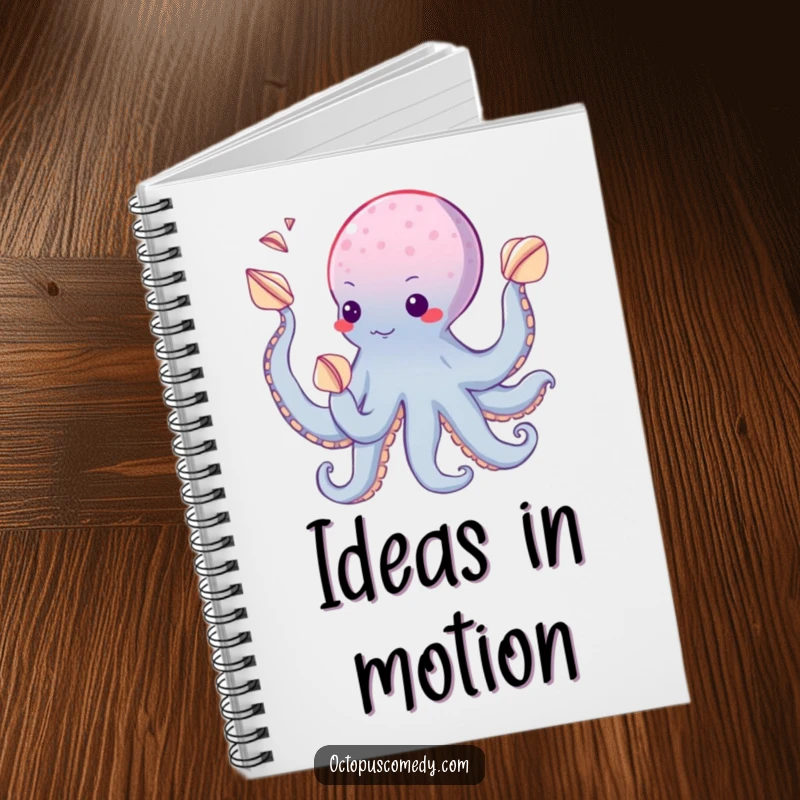 Funny notebook with an octopus juggling seashells using its suckers, ideal for note-taking with a playful and skilled theme.