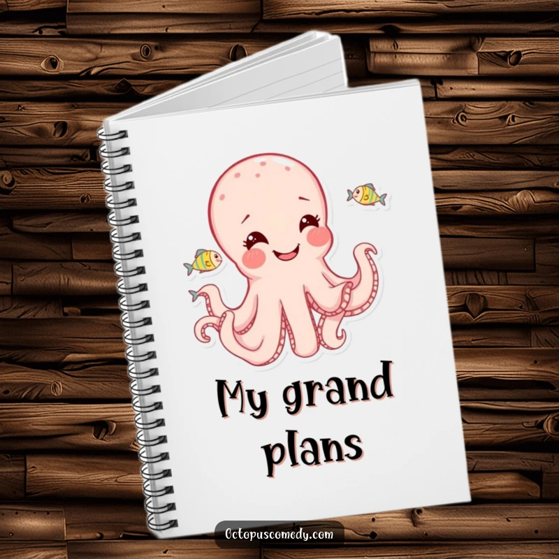 Funny octopus cover with a joyful expression, playfully chasing fish, on a notebook for creative writing.