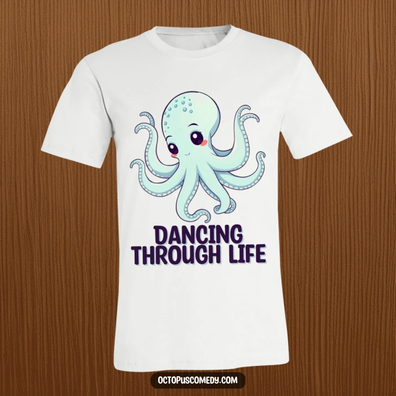 Funny octopus in a swirling, graceful underwater dance, printed on a soft and comfortable t-shirt.