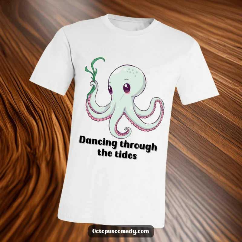 Funny Octopus Seaweed Dancer T-Shirt: An octopus gracefully twirls seaweed like a ribbon in a fluid, artistic pose.