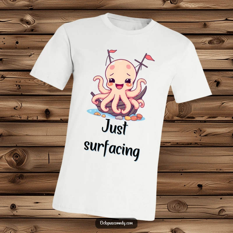 Funny t-shirt with a happy octopus peeking out from a sunken shipwreck, conveying a sense of playful discovery.