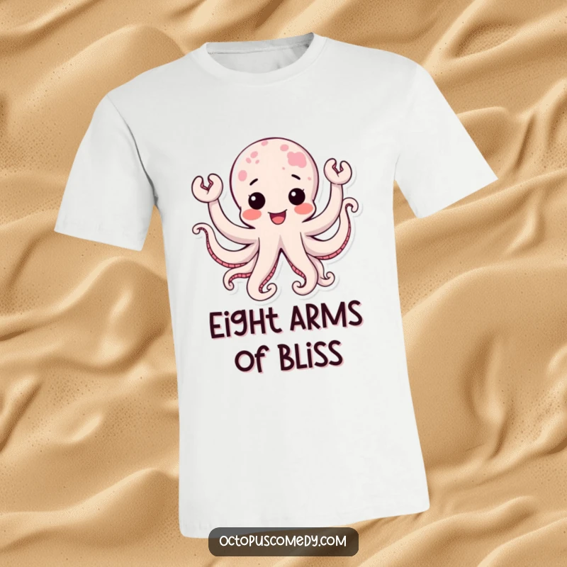 Funny kawaii octopus with many waving tentacles, expressing ecstatic joy and excitement on a vibrant tee.