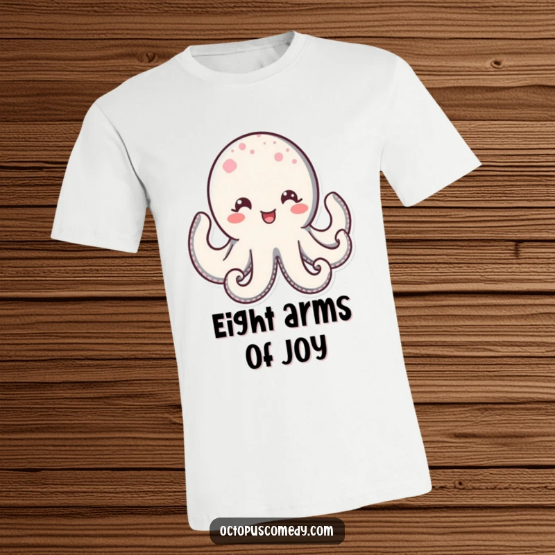 Funny Kawaii Octopus T-Shirt, showcasing a cheerful octopus with sparkling eyes and an infectious wide smile, perfect for spreading happiness.