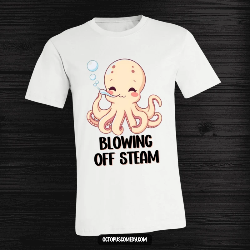 Funny t-shirt showcasing a joyful octopus playfully blowing bubbles, perfect for ocean lovers and as a humorous, fun gift.