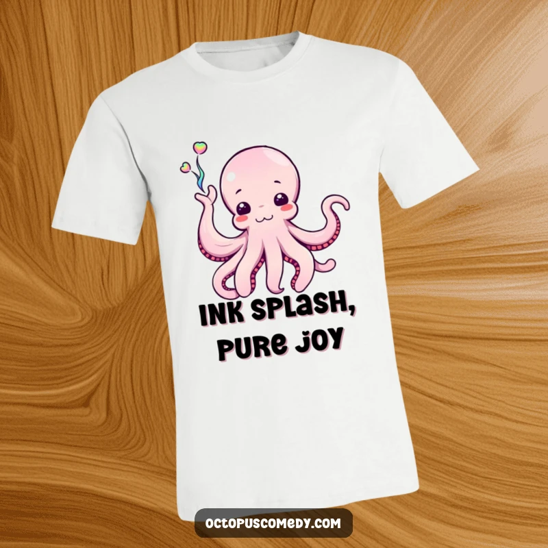 Funny Octopus T-Shirt showcasing a cephalopod enthusiastically waving a stream of iridescent ink, a vibrant and artistic expression of fun.