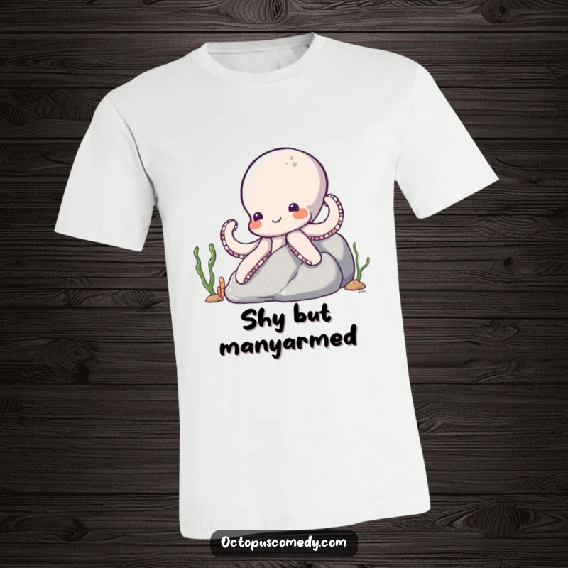 Funny Octopus T-Shirt: A shy octopus with a subtle smile peeking from behind a rock, its tentacles playfully exploring.