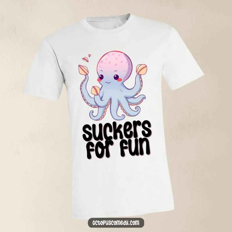Funny t-shirt depicting an octopus adeptly juggling colorful seashells using its suckers, highlighting playful skill and humor.