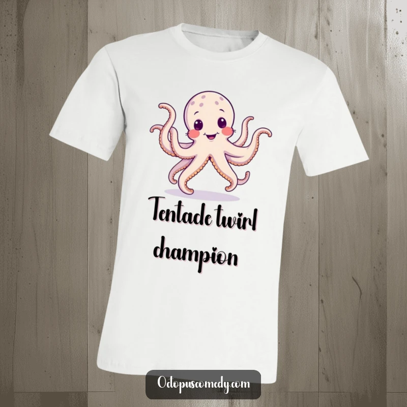 Funny t-shirt depicting an octopus in a silly jig, its wobbly tentacles expressing pure joy and humorous movement.