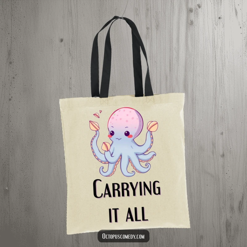 Funny tote bag with an octopus juggling seashells using its suckers, ideal for carrying items with a humorous and artistic flair.