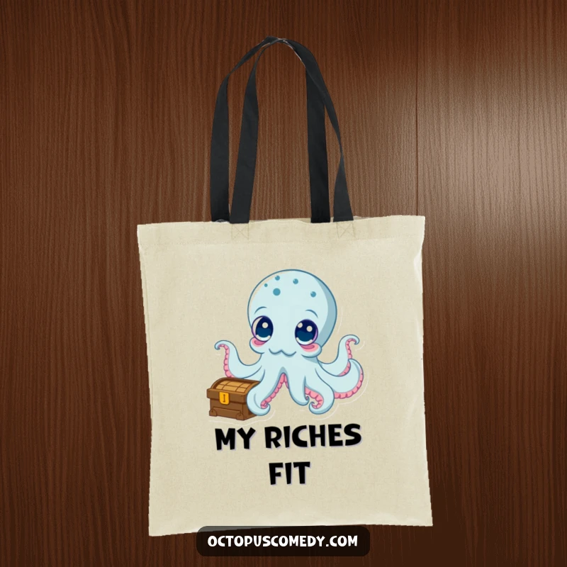 Funny tote bag showcasing a curious octopus with wide eyes exploring a treasure chest, perfect for humorous and functional use.