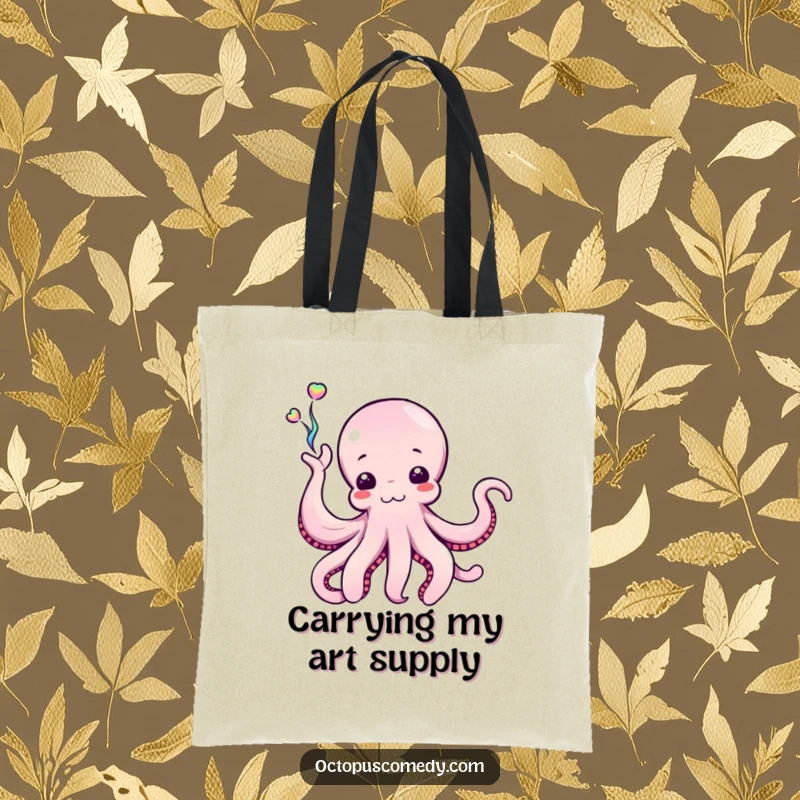 Funny Octopus Tote Bag with a cephalopod enthusiastically waving a stream of iridescent ink, a stylish and artistic accessory.