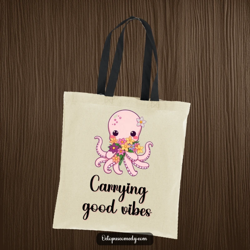 Kawaii Octopus Flower Tote Bag, displaying a lovely kawaii octopus presenting a bunch of sea flowers, great for shopping and gifts.